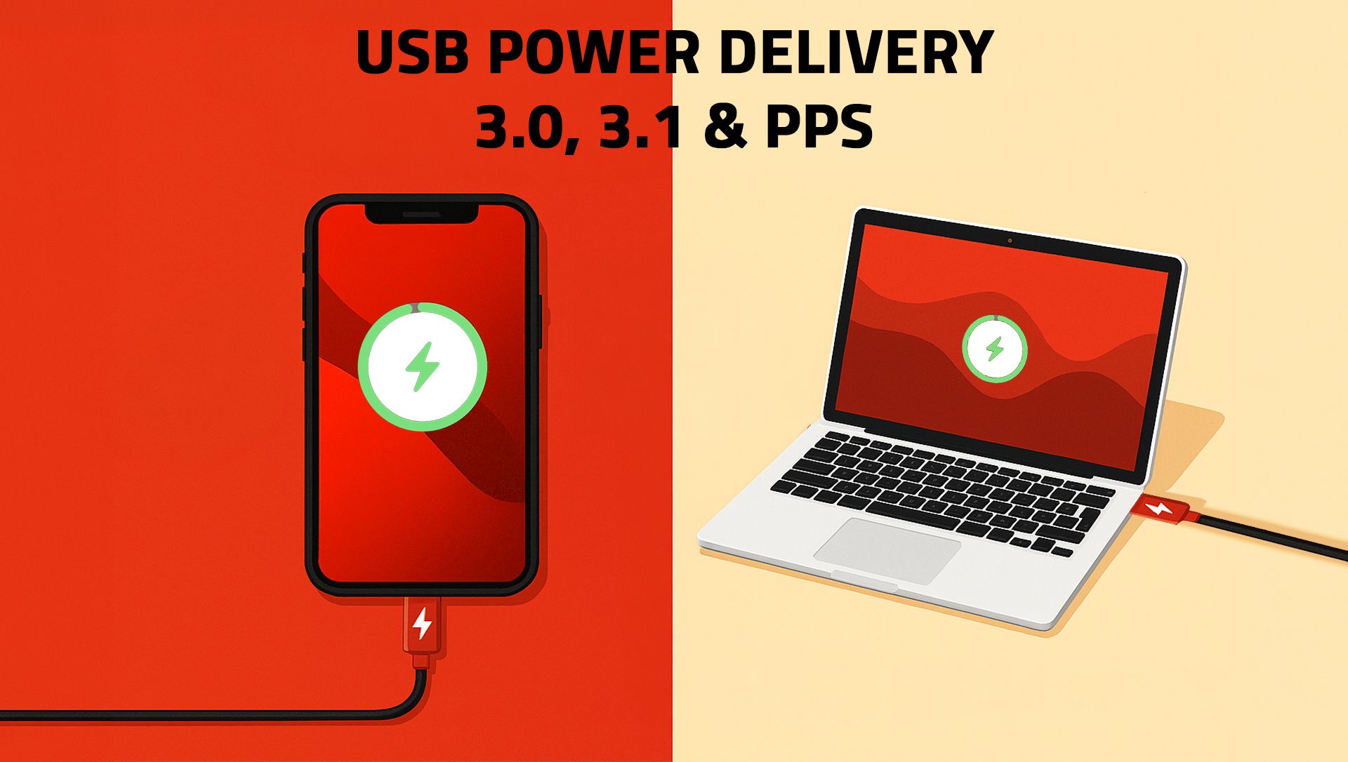USB-C charging a phone and laptop, lightning bolt icon, with text: USB Power Delivery 3.0, 3.1 & PPS.