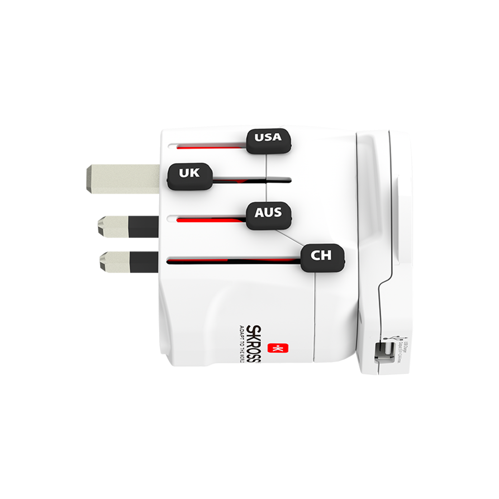 A white travel adapter with a usb port on the side