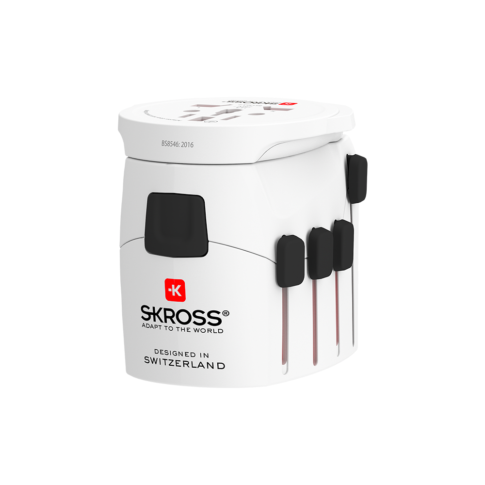 A white and black travel adaptor with the word stross on it