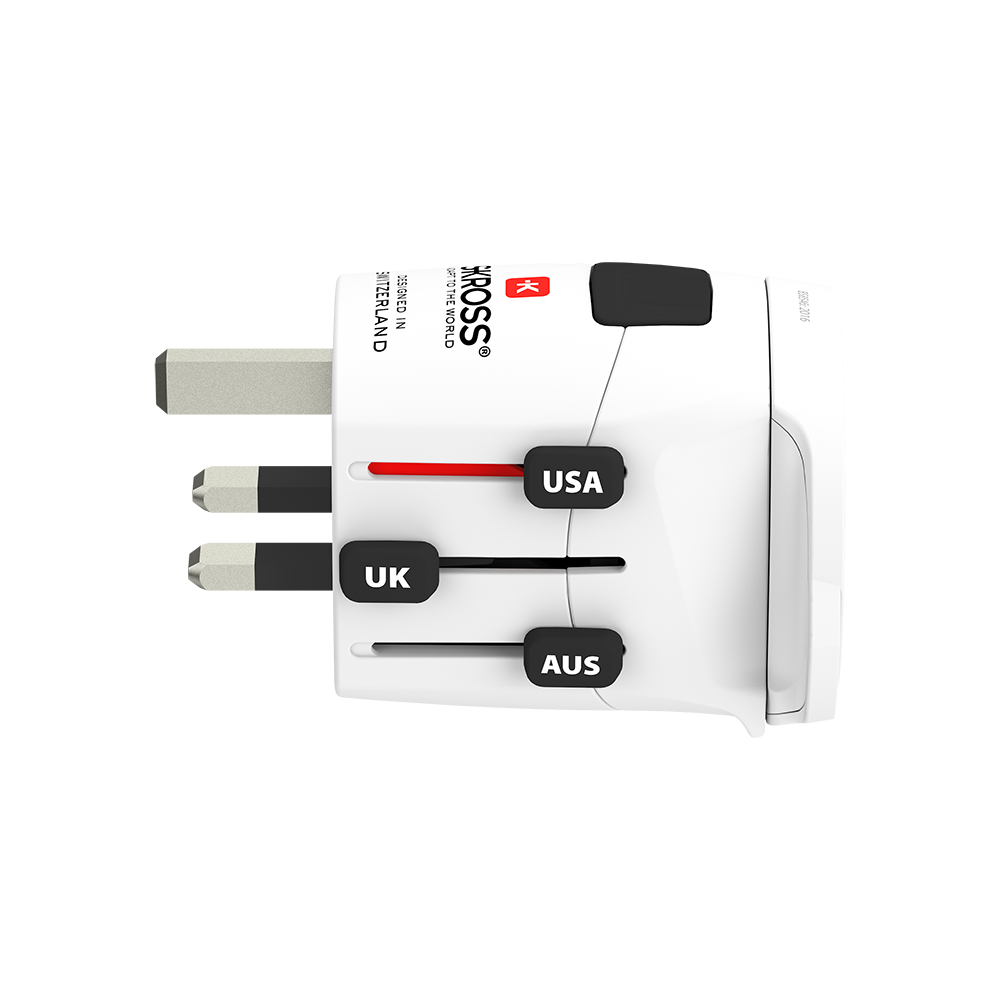 A white travel adapter with two usb ports and a charger.