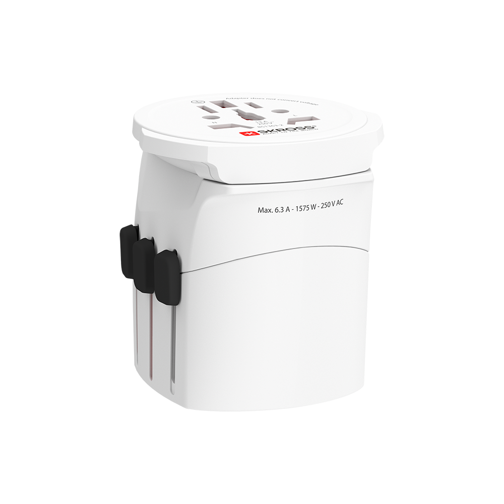 A white skross adapter with a red k on it