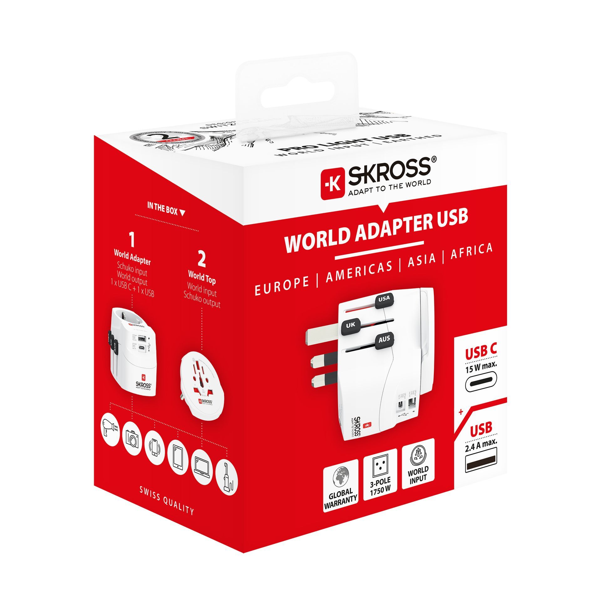 Skross 3-Pole PRO Light USB AC - World Travel Adapter Packaging