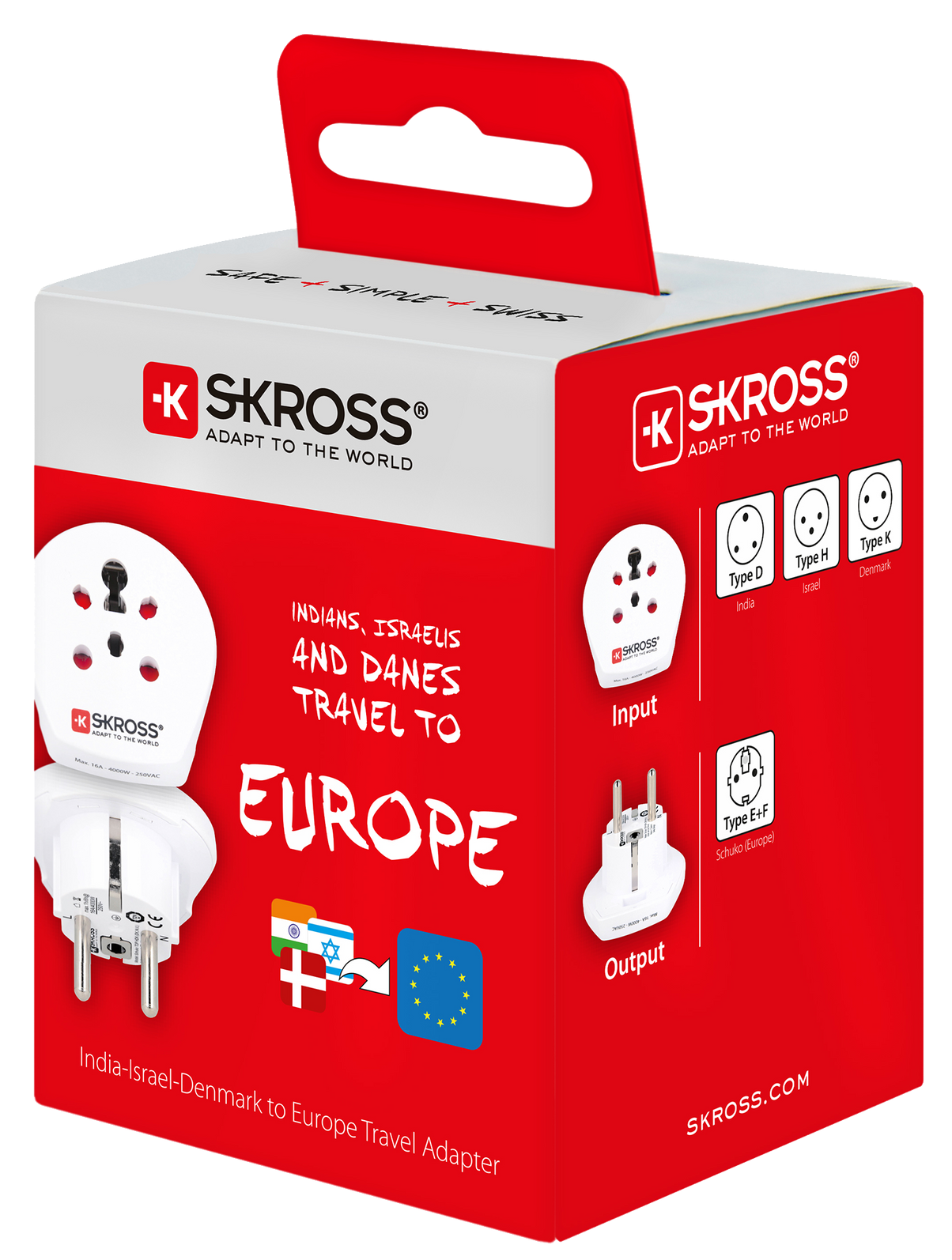 Skross 3-Pole India-Israel-Denmark to Europe Travel Adapter Packaging