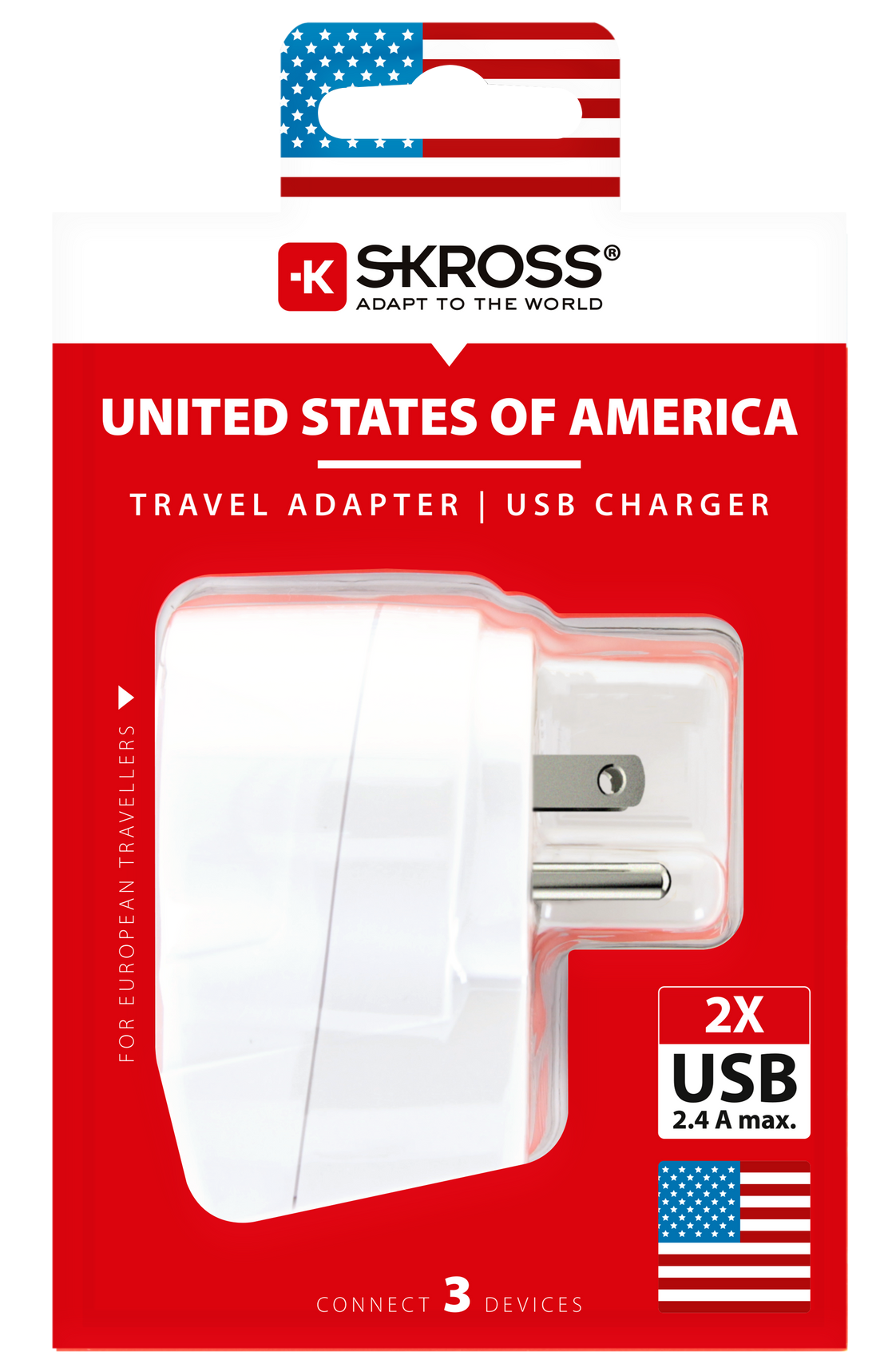 Skross 3-Pole Europe to USA USB Travel Adapter Packaging