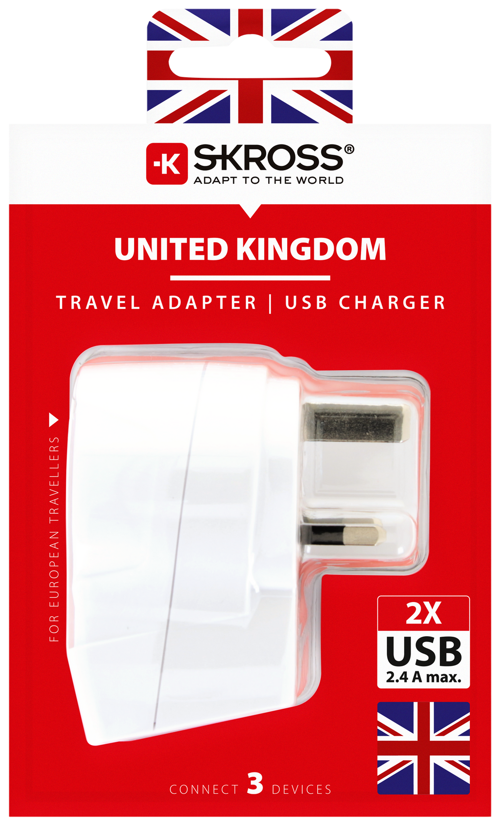 Skross 3-Pole Europe to UK USB Travel Adapter Packaging