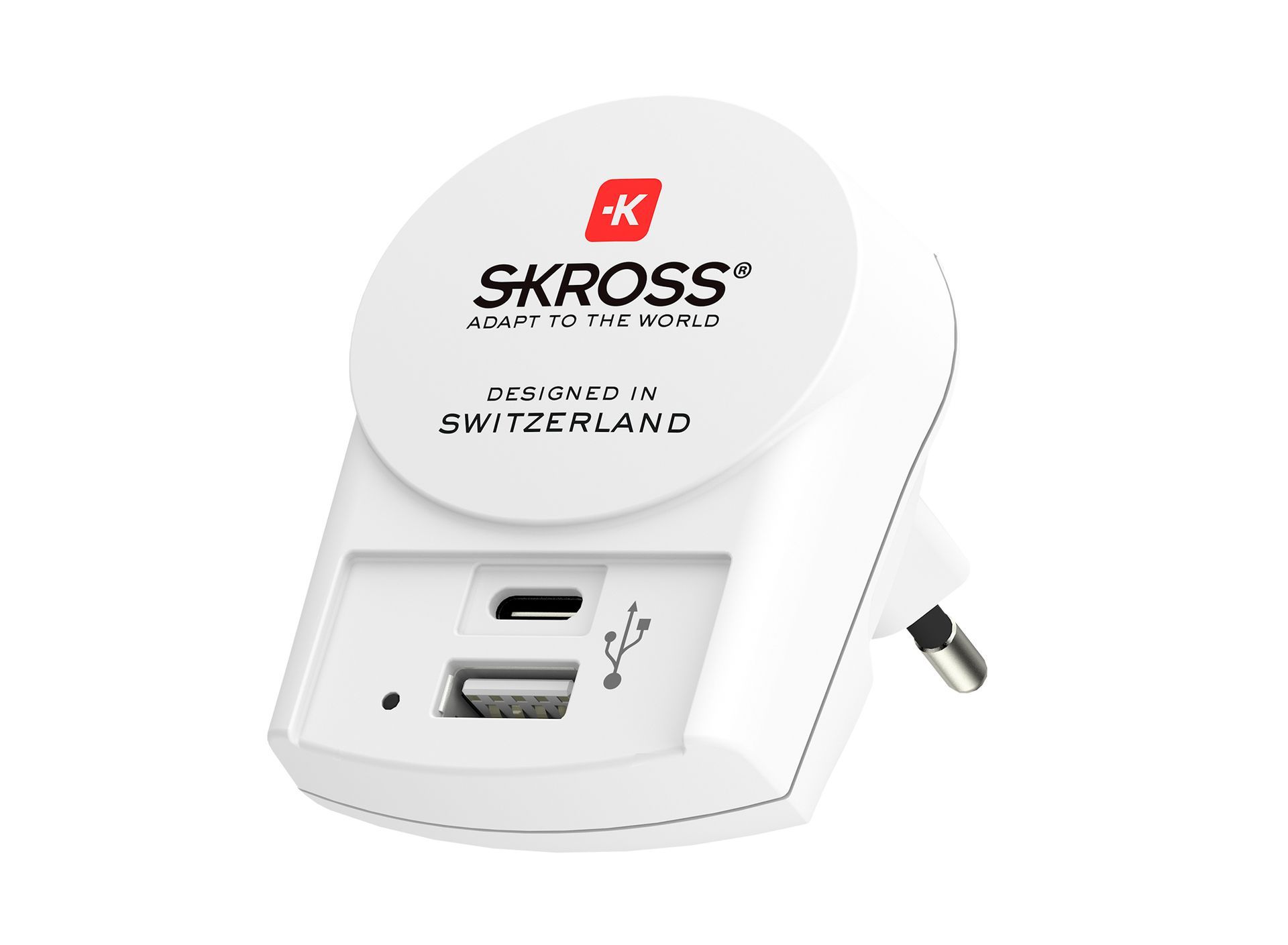 Skross Europe USB Charger with 1 x USB and 1 x USC-C angled back