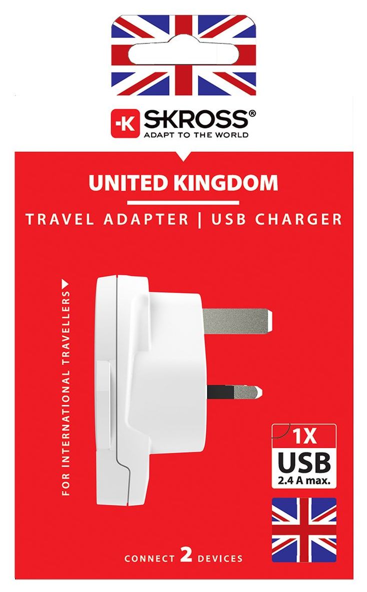 Skross 3-Pole World to UK USB Travel Adapter Packaging