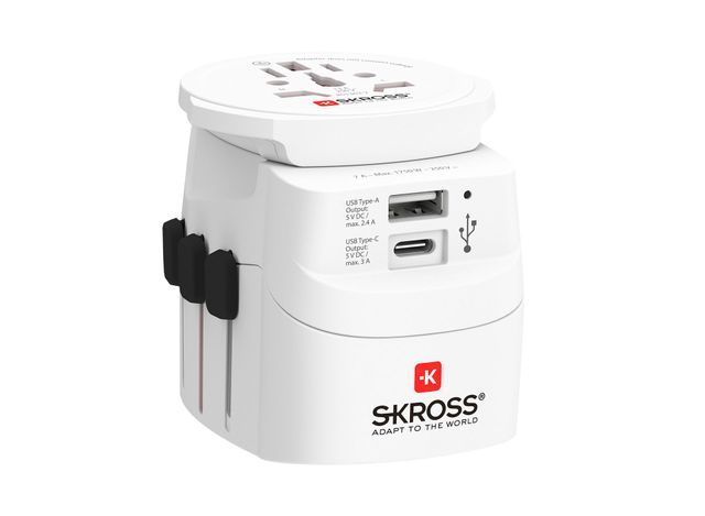 SKROSS PRO Light USB AC30PD Adattatore Da Viaggio Universale 3 Poli – Caricatore USB-C PD 30W + USB-A 2.4A, Per 200+ Paesi, 110-250V, Fusibile Sostituibile