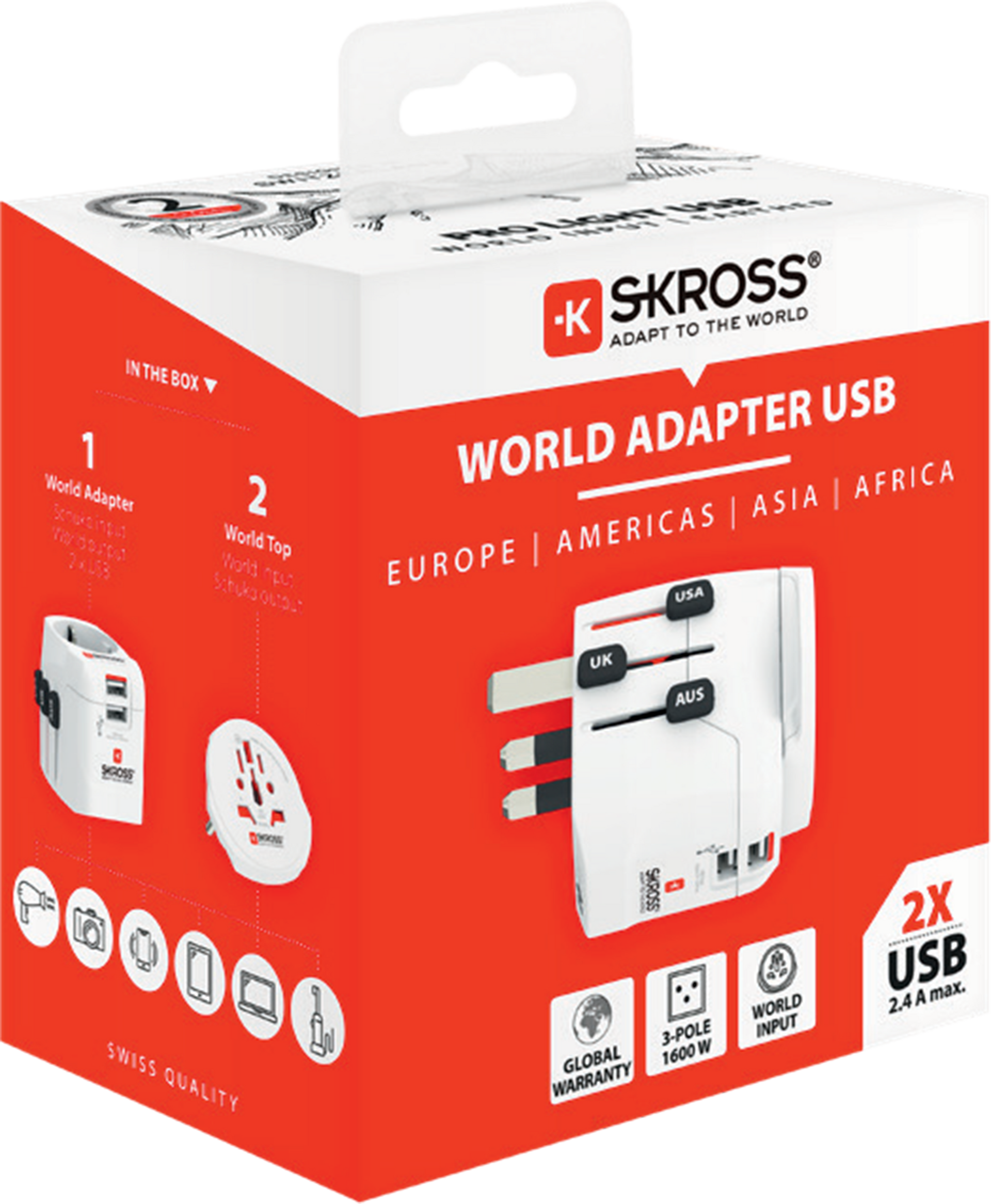 Skross 3-Pole PRO Light USB 2xA - World Travel Adapter Packaging