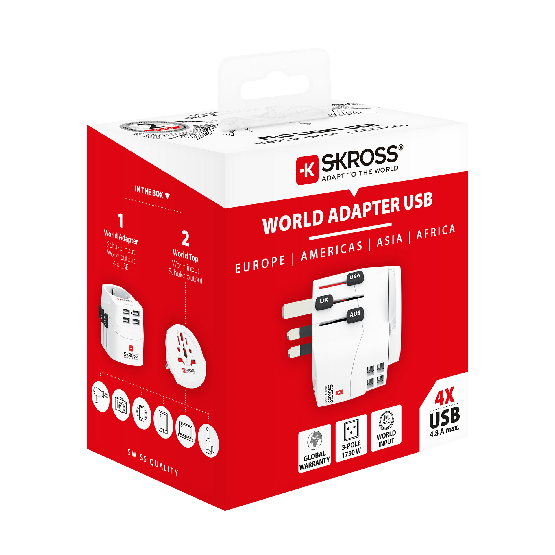 Skross 3-Pole PRO Light USB 4xA - World Travel Adapter Packaging