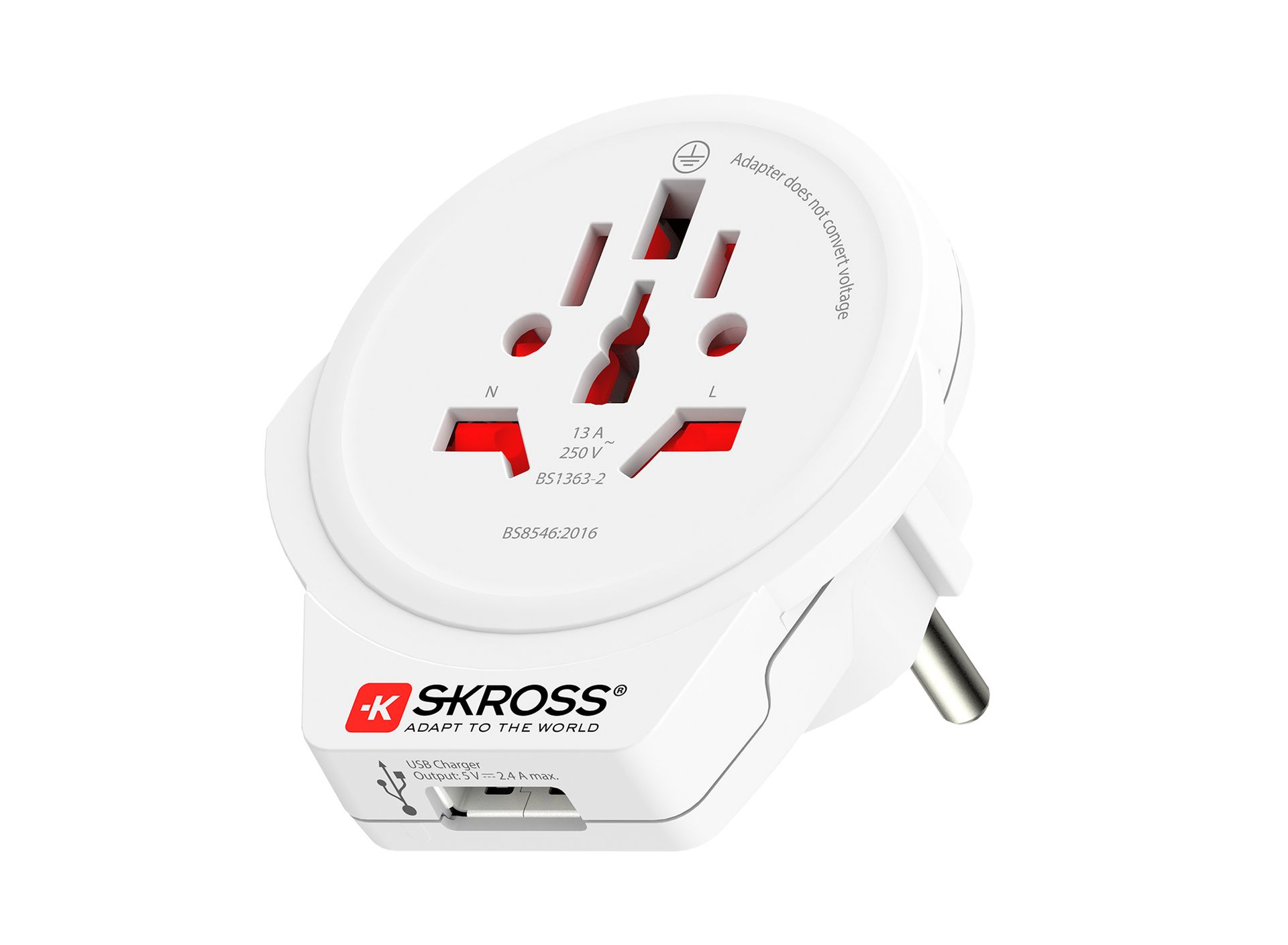 Skross World to Europe USB travel adapter side on