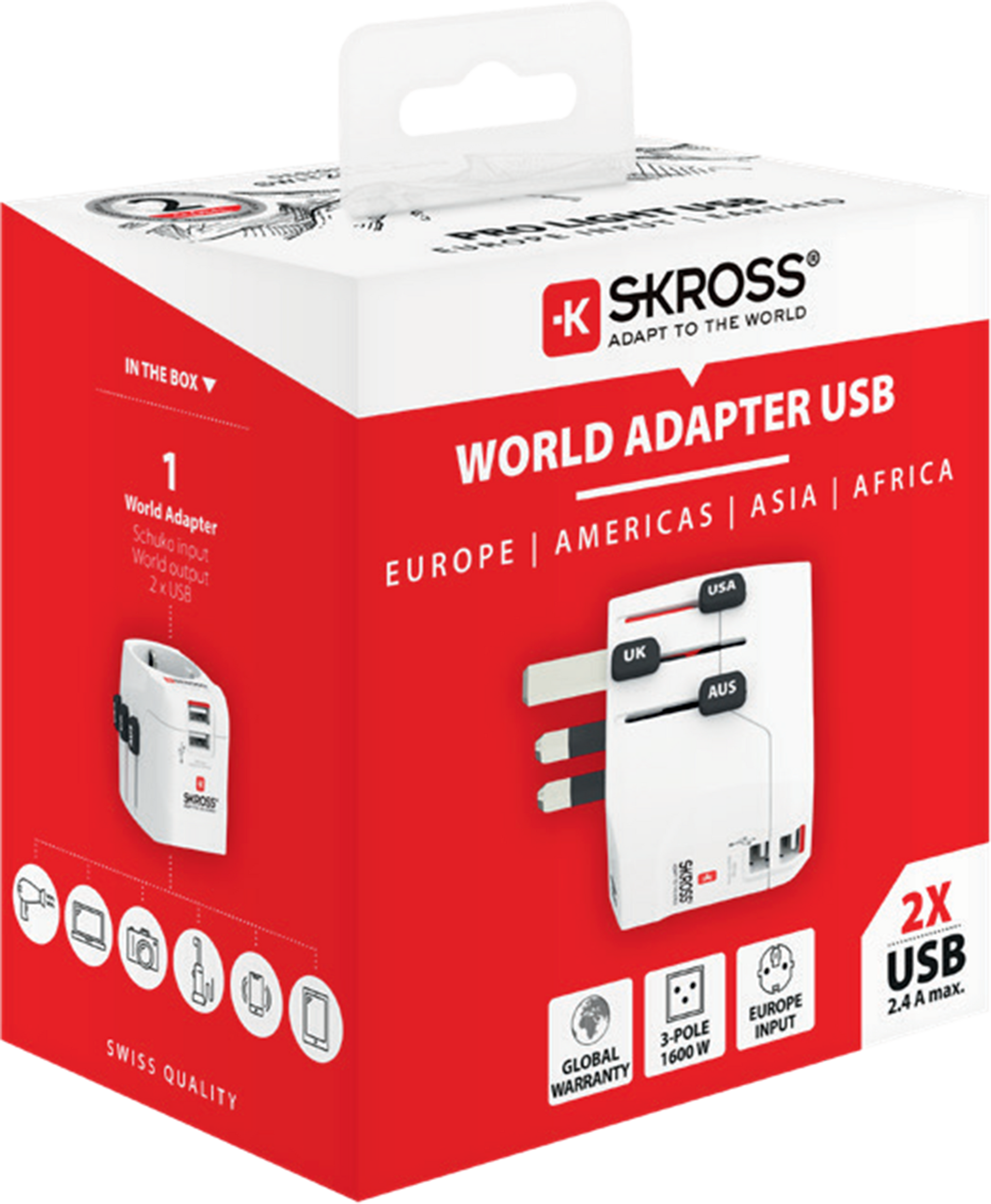 Skross 3-Pole PRO Light USB 2xA Travel Adapter Packaging
