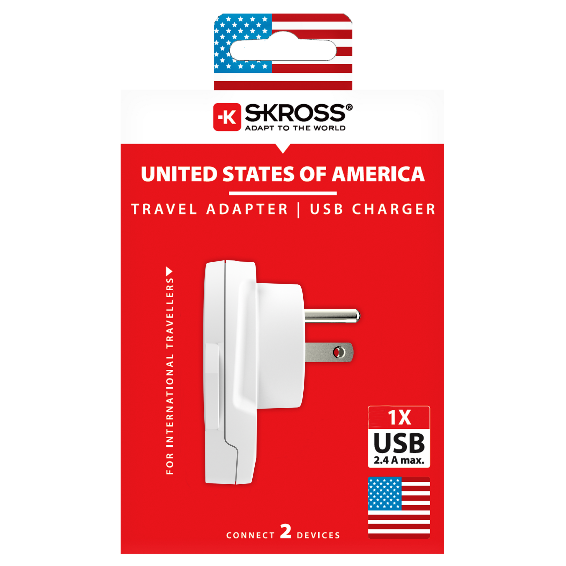 Skross 3-Pole World to USA USB Travel Adapter Packaging
