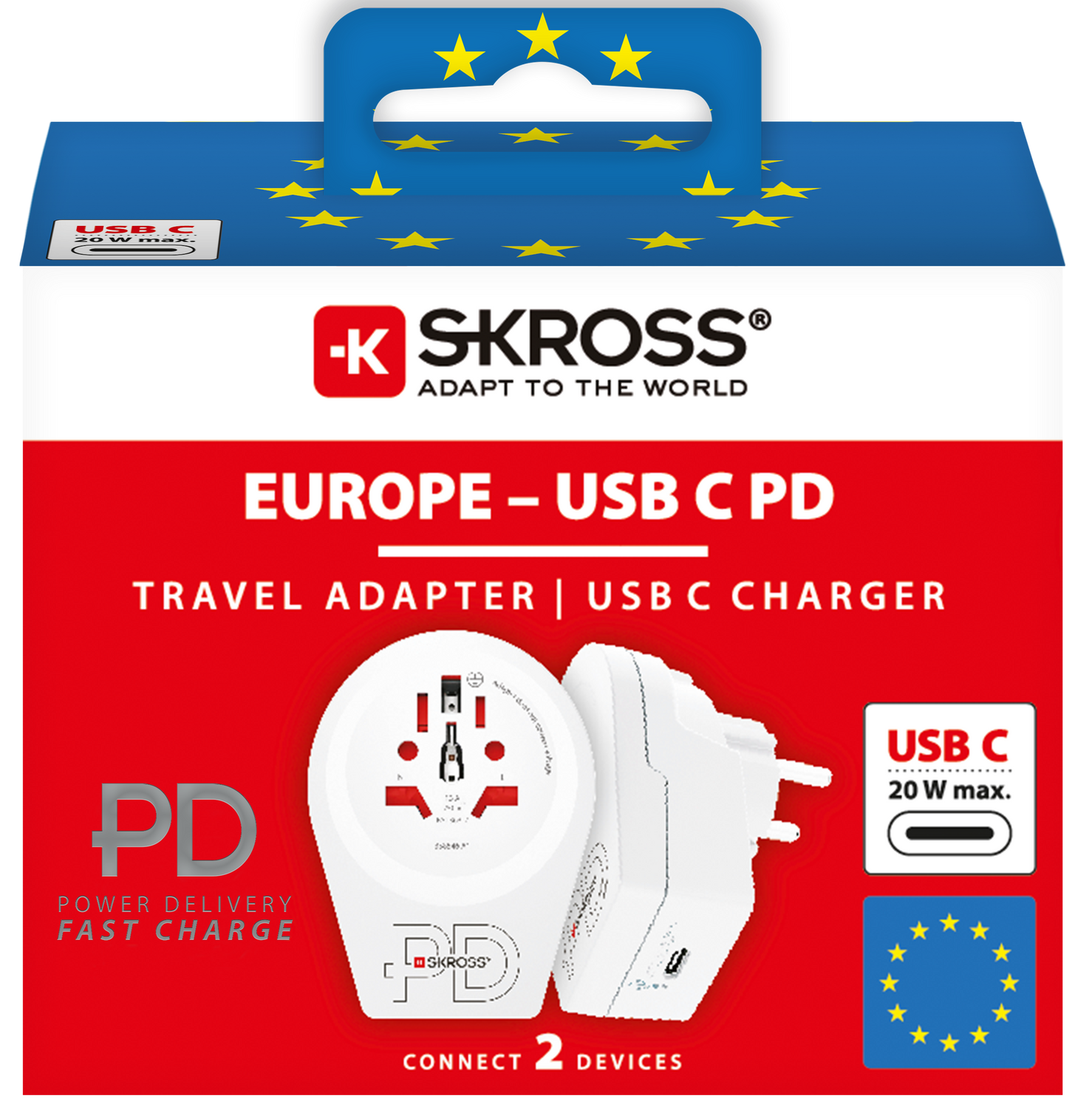 Skross 3-Pole World to Europe USB C20PD Travel Adapter Packaging