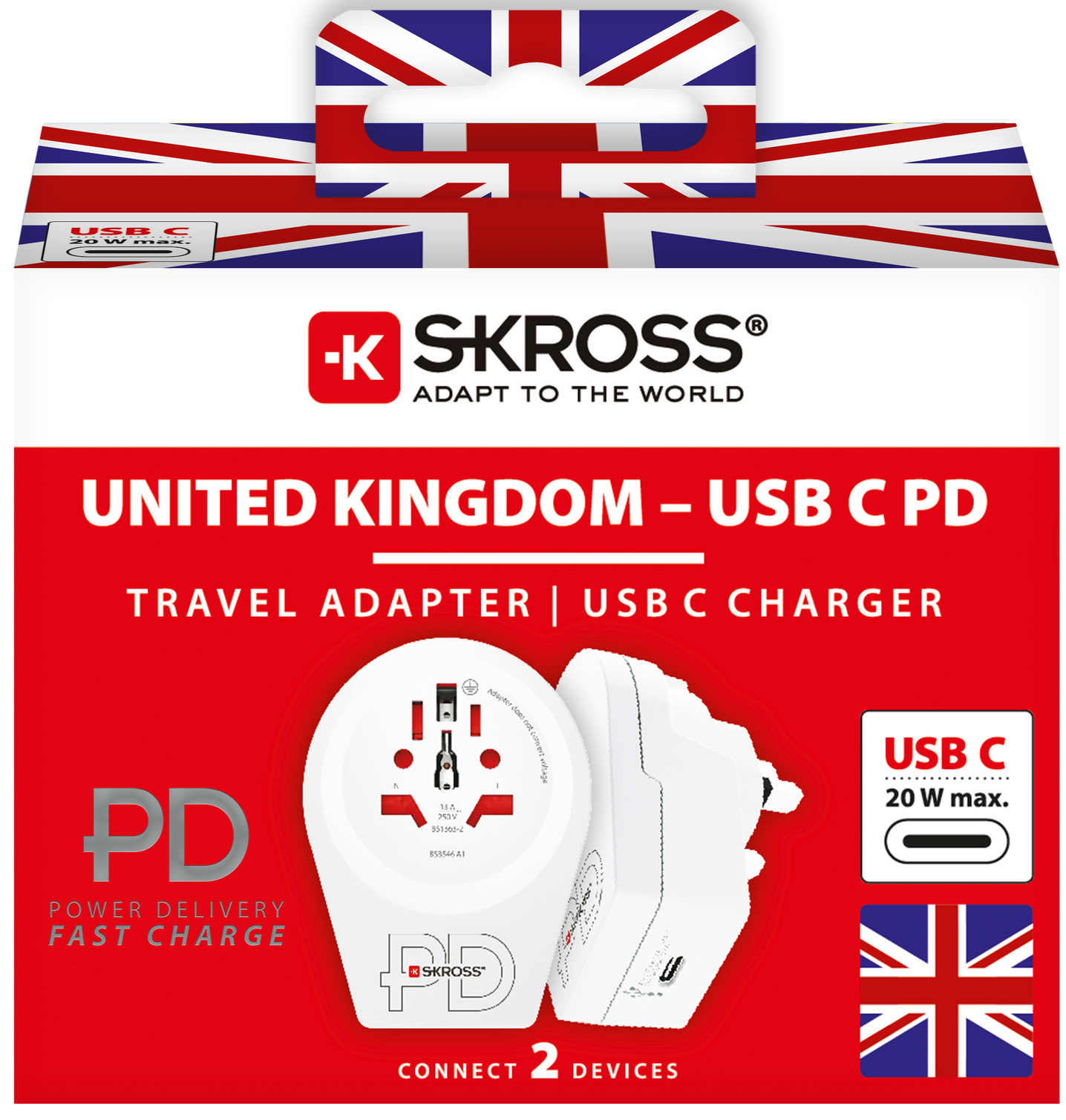Skross 3-Pole World to UK USB C20PD Travel Adapter Packaging 