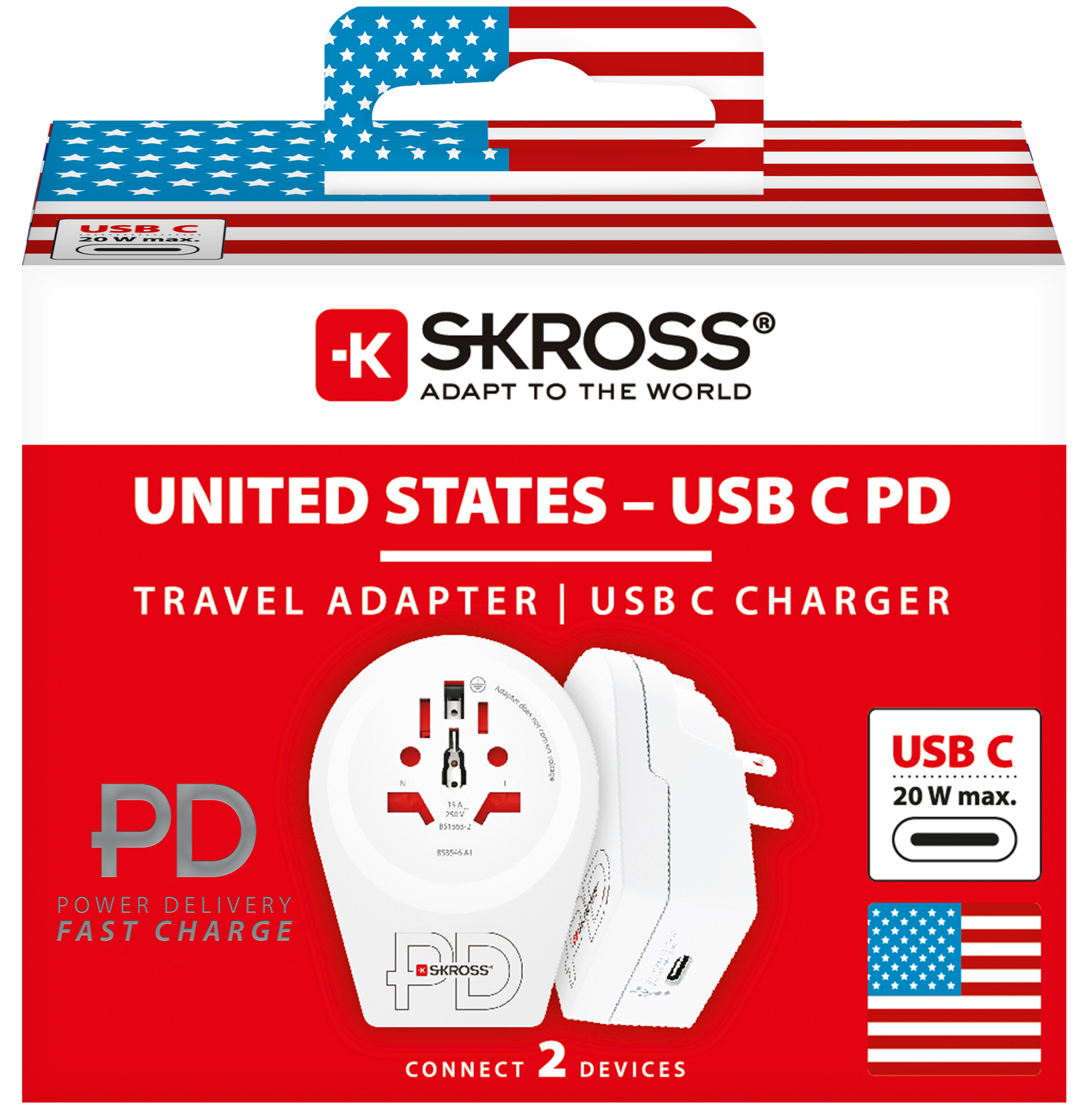 Skross 3-Pole World to USA USB C20PD Travel Adapter Packaging