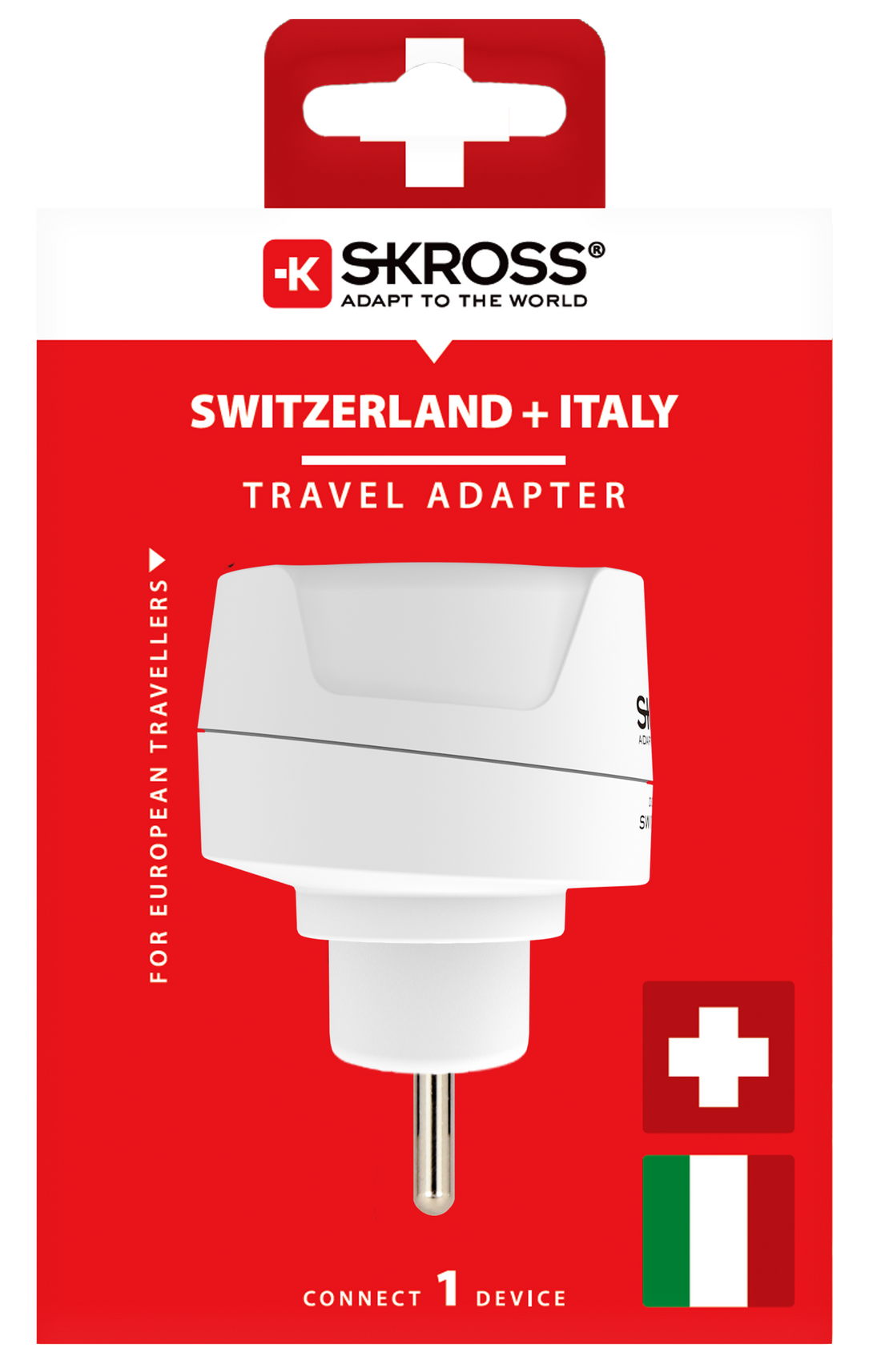 Skross 3-Pole Europe to Switzerland + Italy + Brazil Travel Adapter Packaging