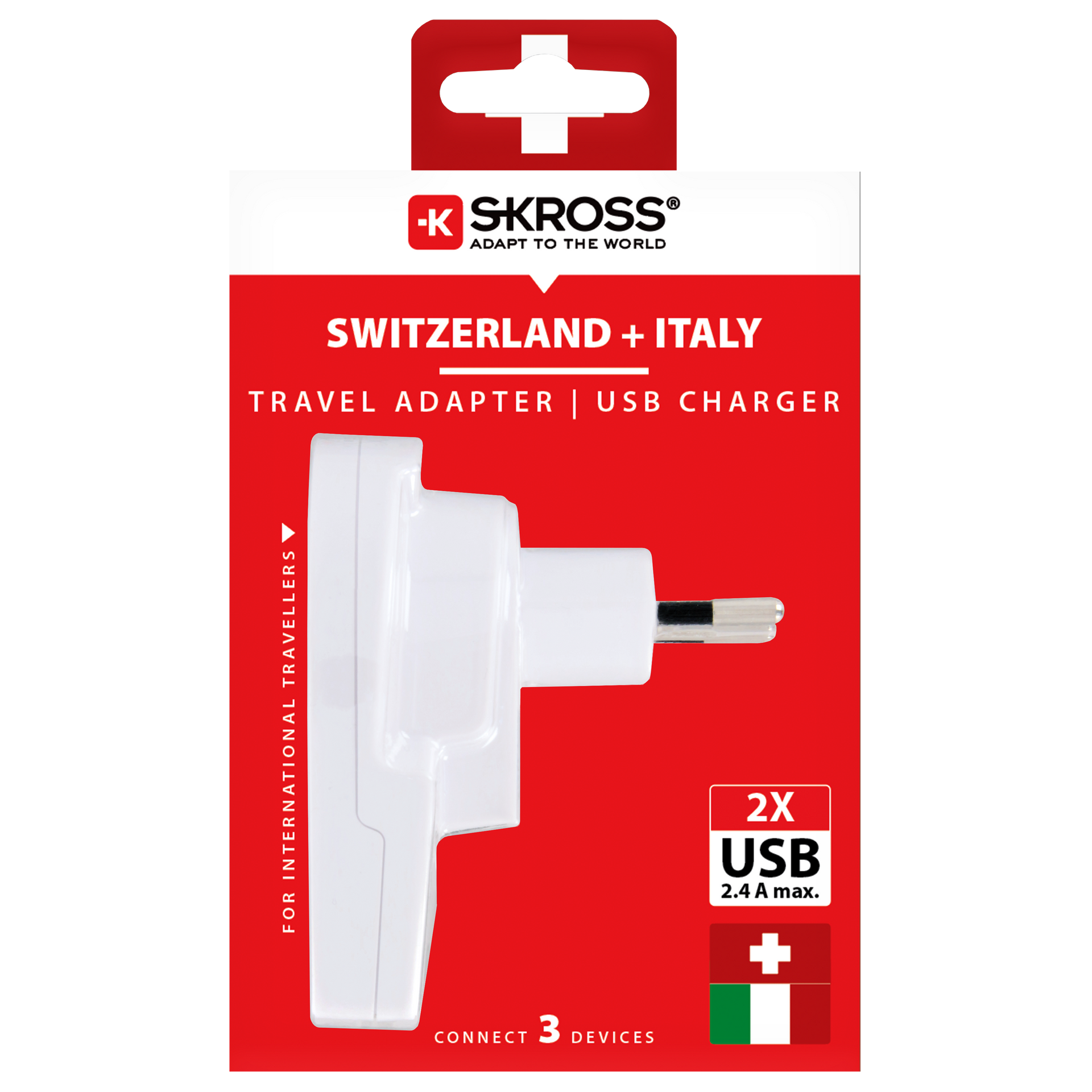 Skross 3-Pole World to Switzerland + Italy + Brazil USB Travel Adapter Packaging