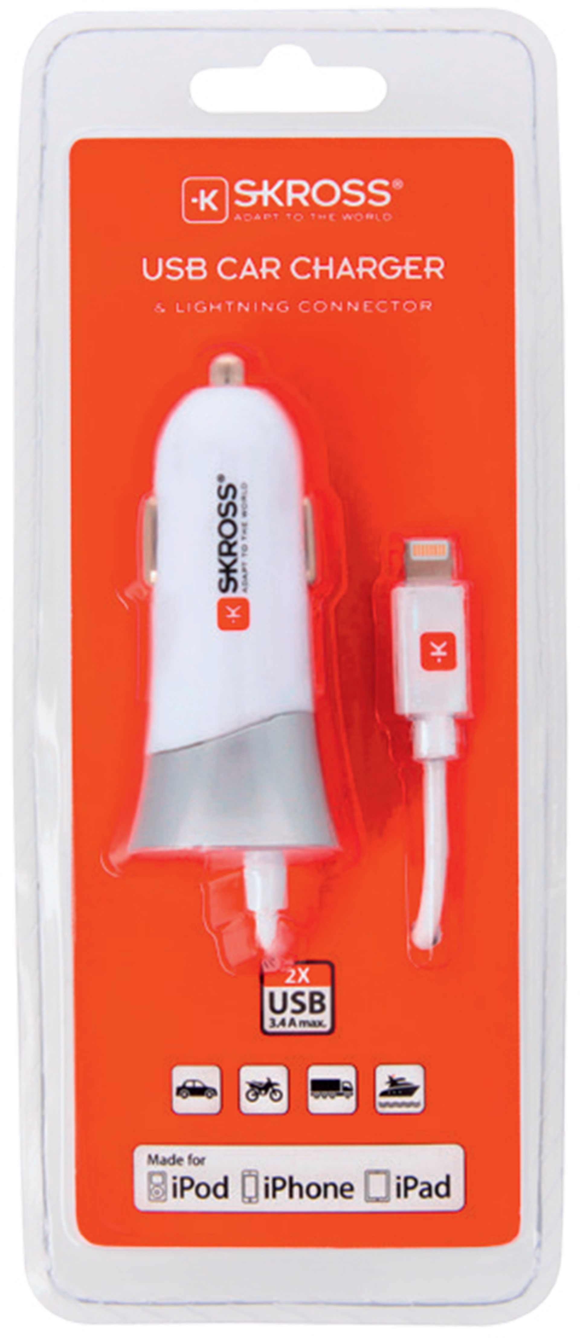 Skross Car USB Charger. USB Car Charger & Lightning Connector Packaging
