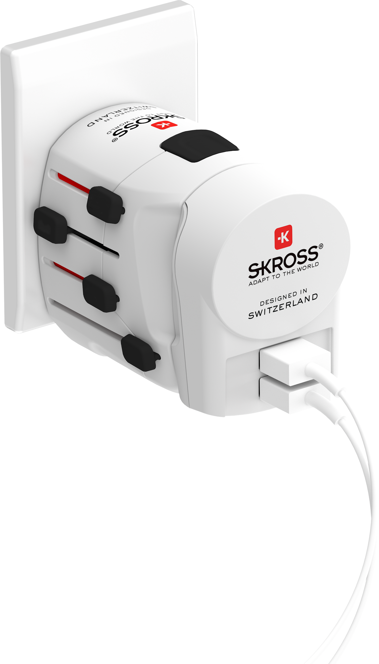 Skross 3-Pole PRO + USB 2xA Travel Adapter Plugged In