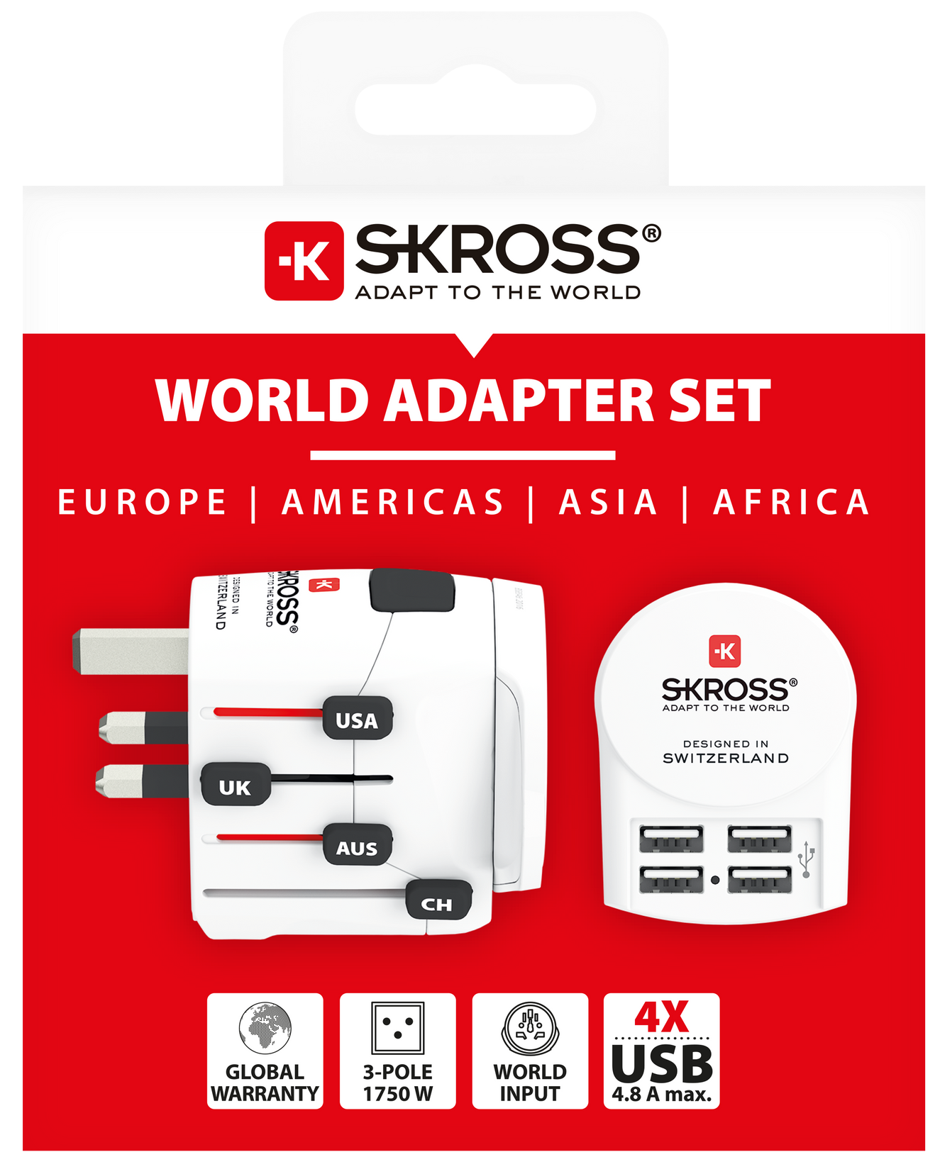 Skross 3-Pole PRO + USB 4xA Travel Adapter Packaging