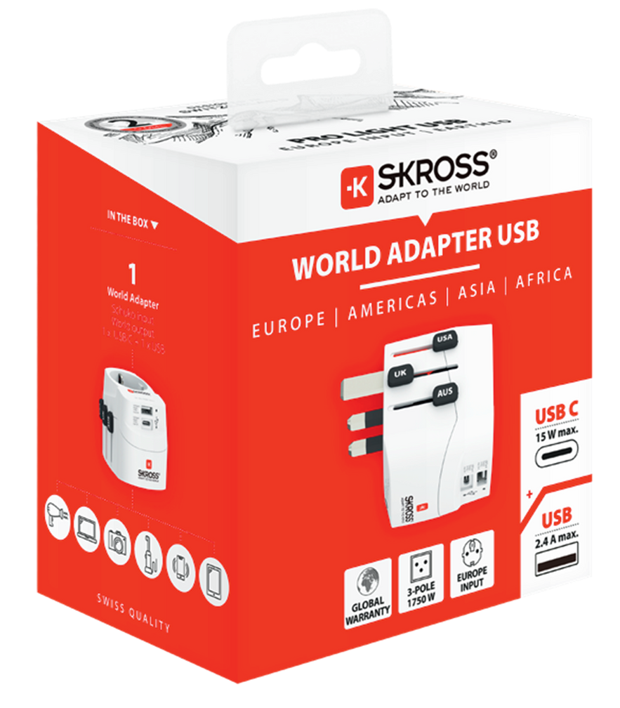 Skross 3-Pole PRO Light USB AC Travel Adapter Packaging