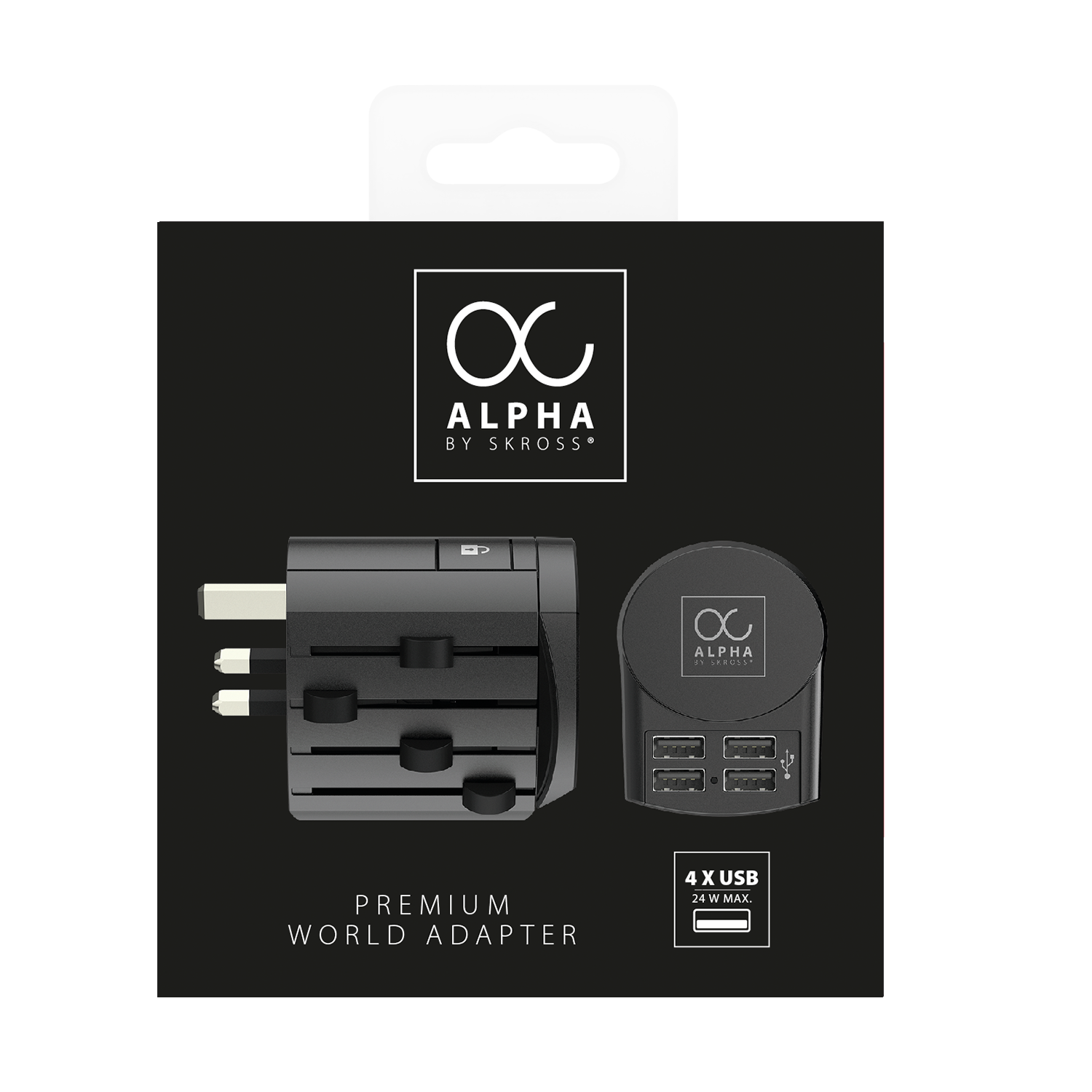 Skross 3-Pole Alpha Travel Adapter 4xA USB Packaging