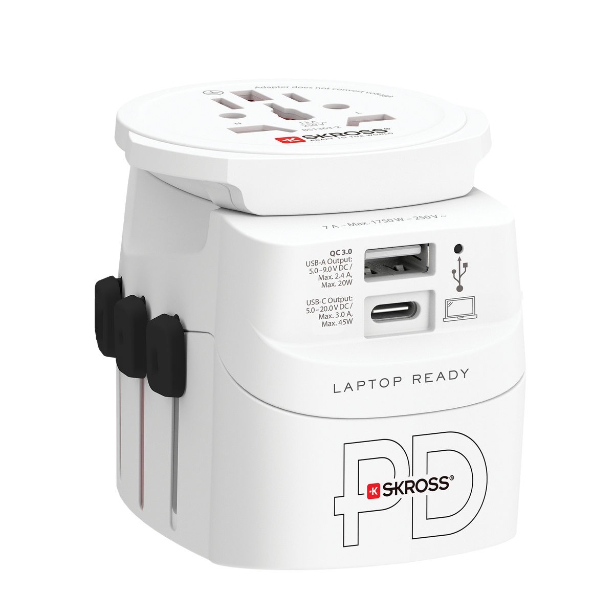 A white plug adaptor with a laptop ready logo on it.