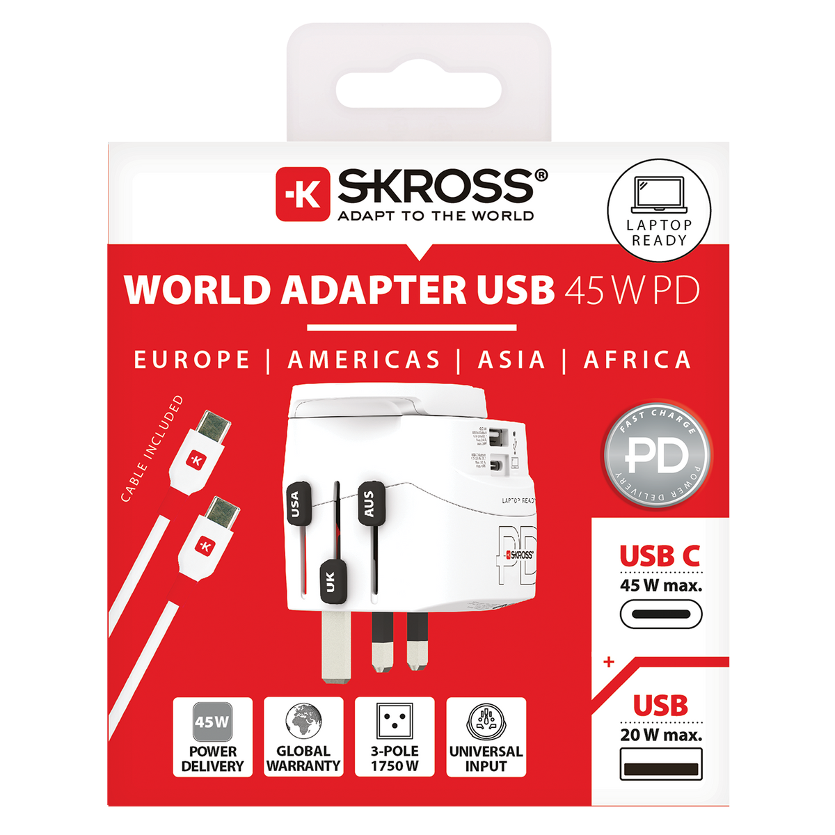 Skross 3-Pole PRO Light USB AC45PD - World Travel Adapter Packaging SKR-0249
