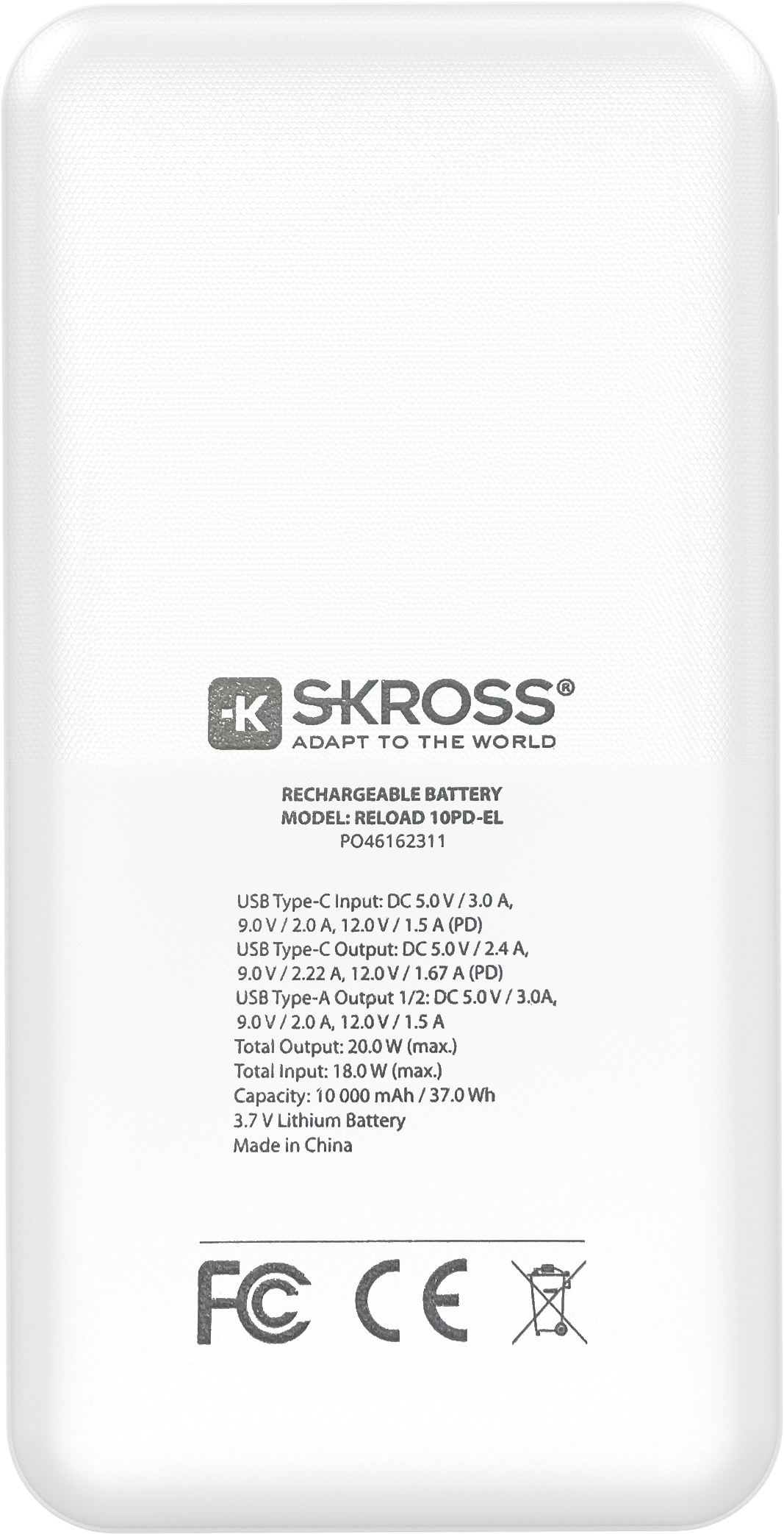 Skross 10,000 mAh Power Bank with Wireless Charging. Skross Reload 10 Qi PD Front