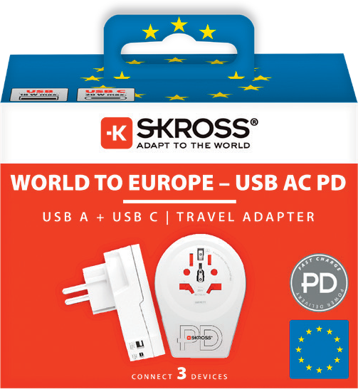 Skross 3-Pole World to Europe USB AC20PD Travel Adapter Packaging