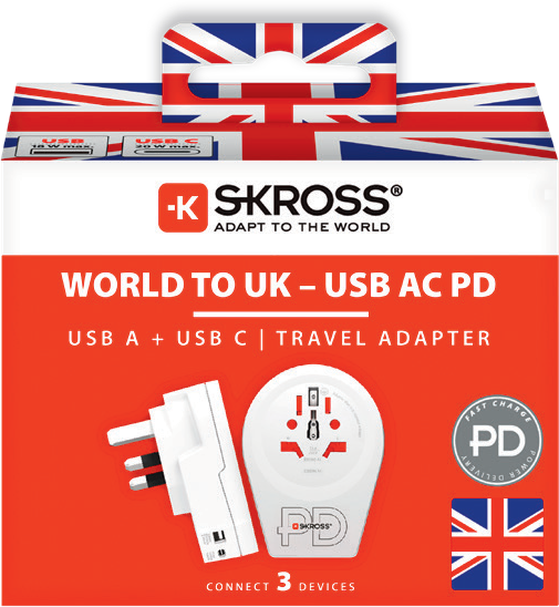 Skross 3-Pole World to UK USB AC20PD Travel Adapter Packaging