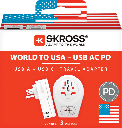 Skross 3-Pole World to USA USB AC20PD Travel Adapter Packaging