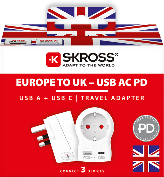 Skross 3-Pole Europe to UK USB AC20PD Travel Adapter Packaging