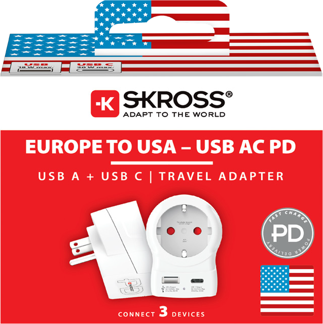 Skross 3-Pole Europe to USA USB AC20PD Travel Adapter Packaging