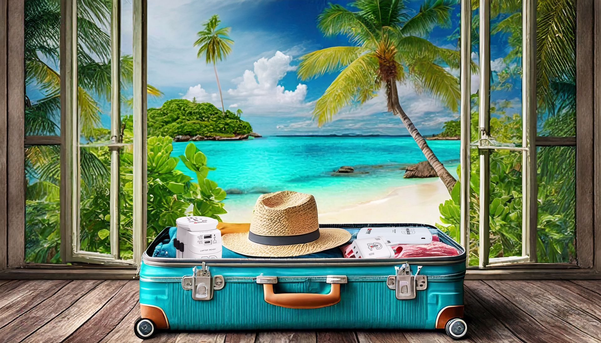 a blue suitcase with a hat, clothes and travel adapters in it