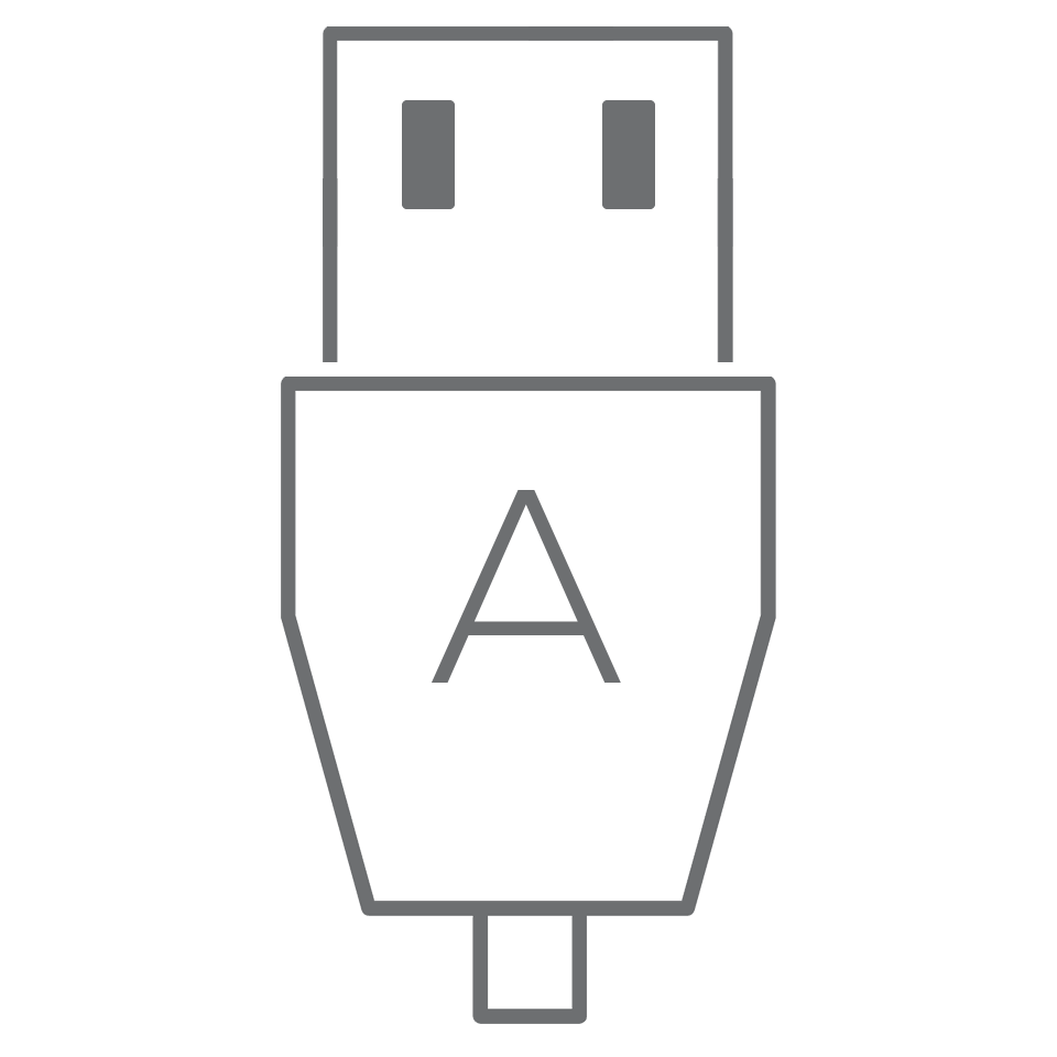 An icon of a usb cable with the letter a on it.