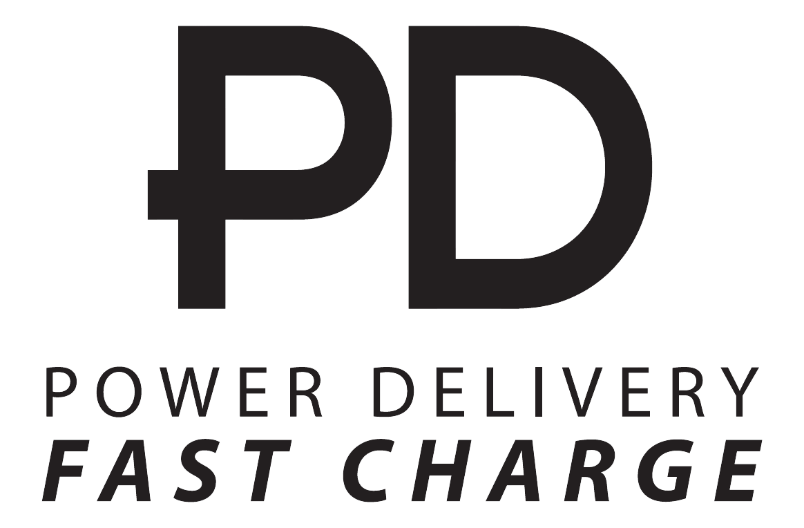 A black and white logo for pd power delivery fast charge.