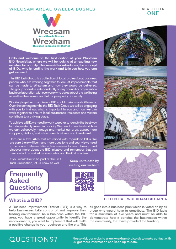 A flyer for wrexham with pictures of buildings and a qr code.