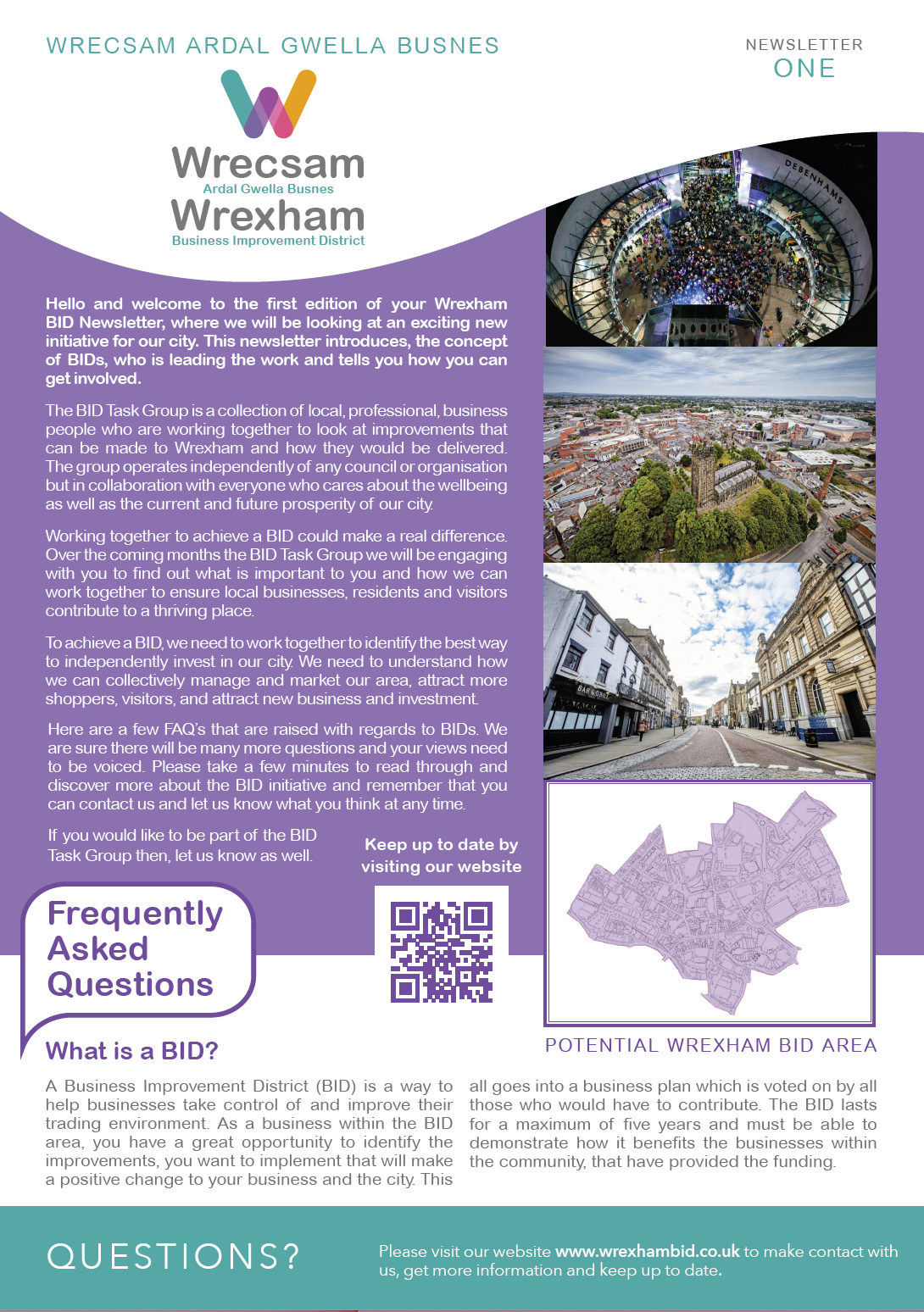A flyer for wrexham with pictures of buildings and a qr code.