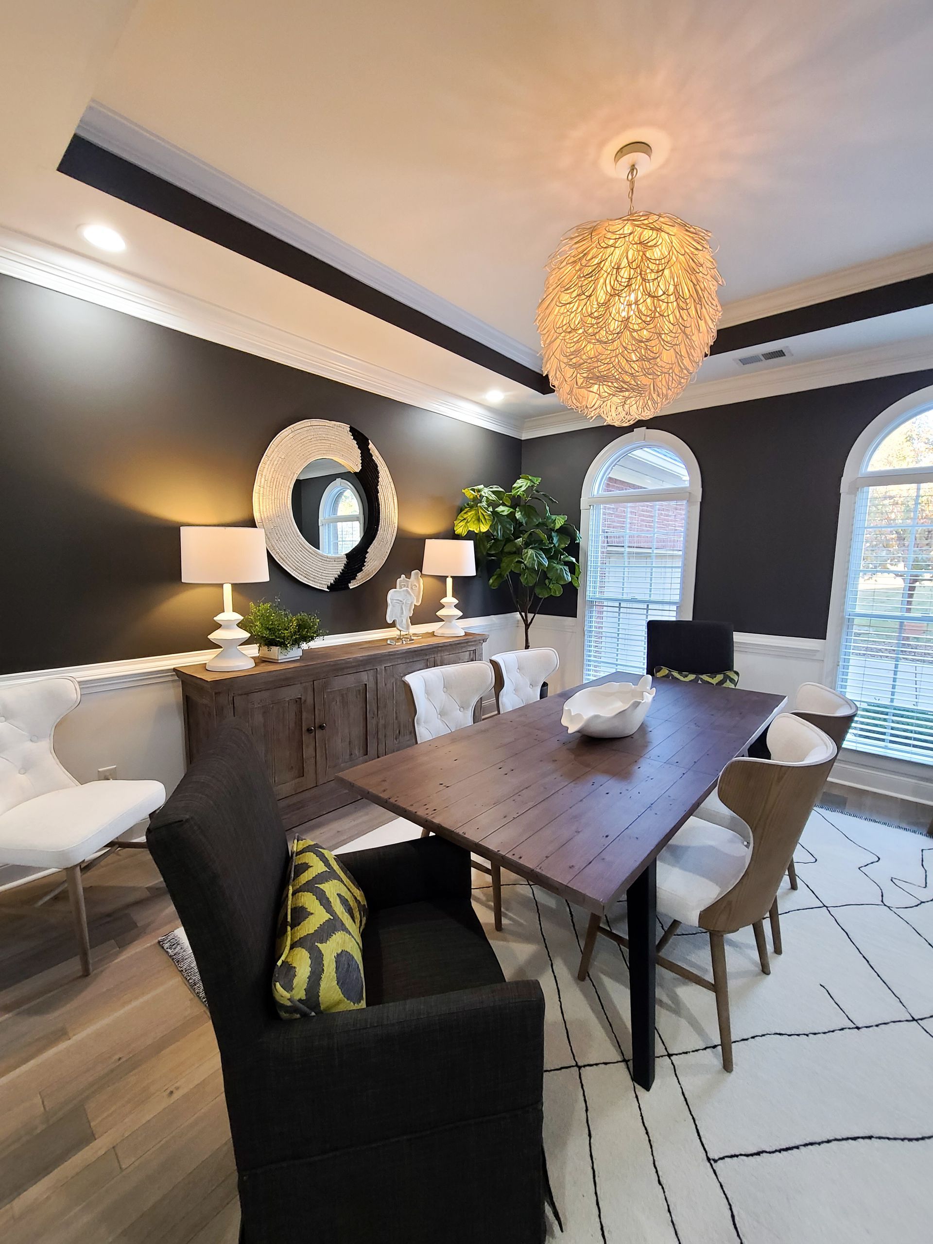 table set with 2 white chairs