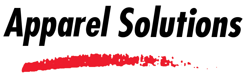 A logo for apparel solutions with a red brush stroke.