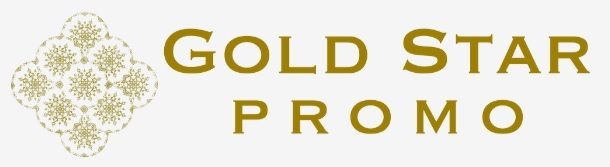 Gold Star Promo logo with gold geometric emblem and gold text on white background