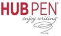 The logo for hub pen is red and gray and says `` enjoy writing ''.