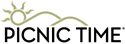 A logo for picnic time with a sun and mountains.