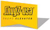 A yellow sign that says snugz usa on it