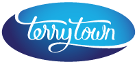 A blue oval with the word terrytown written on it.