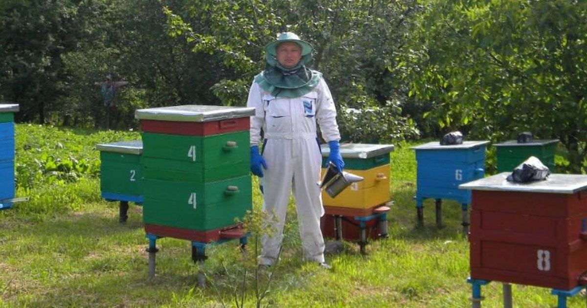 A beekeeper is standing in front of a beehive in a field.