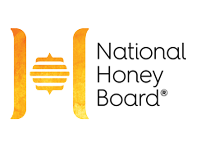 The national honey board logo is black and white and has a bee on it.