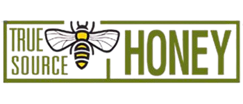 A logo for true source honey with a bee on it.